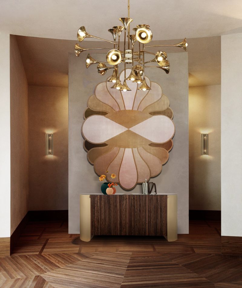 Luxurious rug in neutral colors hanging on the wall with a unique shape. the mermaid rug is beauty itself