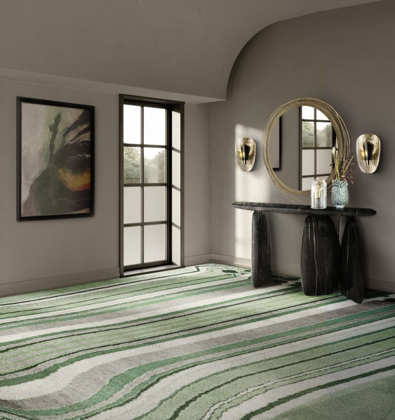 Green rug with lines and abstract pattern. Modern Design Ideas: Green Rugs For a Trendy Interior