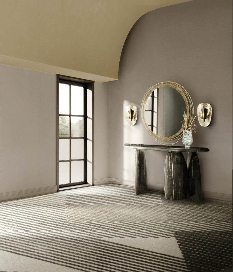 This is a modern hallway by Rug´Society and the inspiration based on Douglas design Studio is the Air geometric rug in neutral tones.