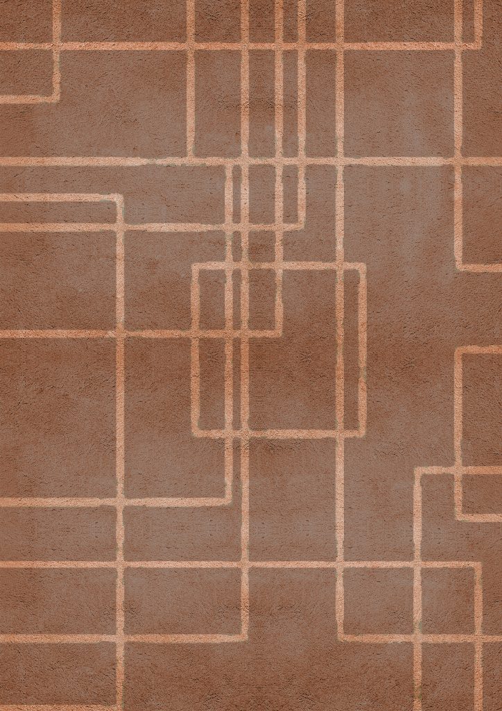 neutral area rug with geometric pattern. the terraccotta rug is fabulous. How Javier Wainstein Creates Stunning Interior Designs As a 3D Artist