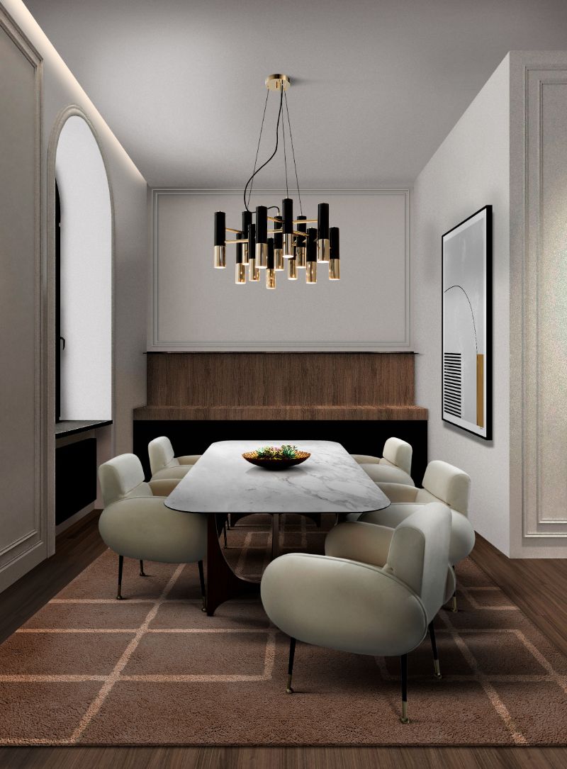 elegant dining room with earthy tones and area rug with a geometric pattern and brown colors. Rug Trends To Look Out For In 2022