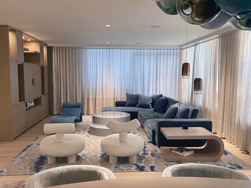 In this modern living room, they had a rug design inspiration with blue and white tones to give a high-end solution.