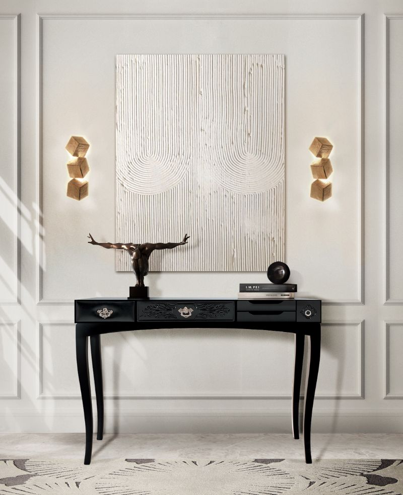 sophisticated hallway decor with runner rug in gray and white.