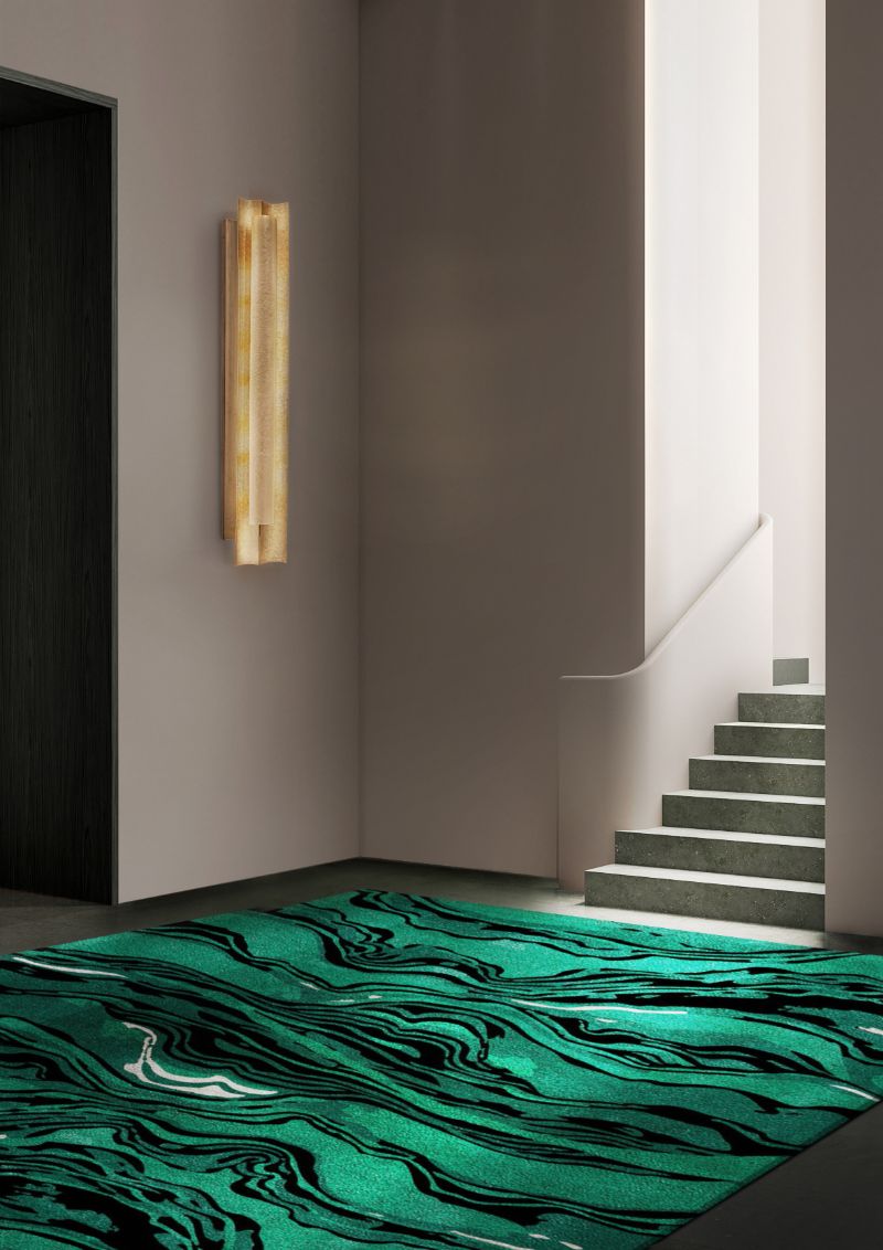 A cheerful hallway with abstract rug in color green.  Exceptional Rug Collection With Handmade Botanical Silk Rugs