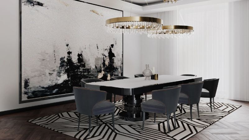 sleek modern dining room with black and white rug with a geometric pattern,  Luxurious Dining Room Ideas With Rugs