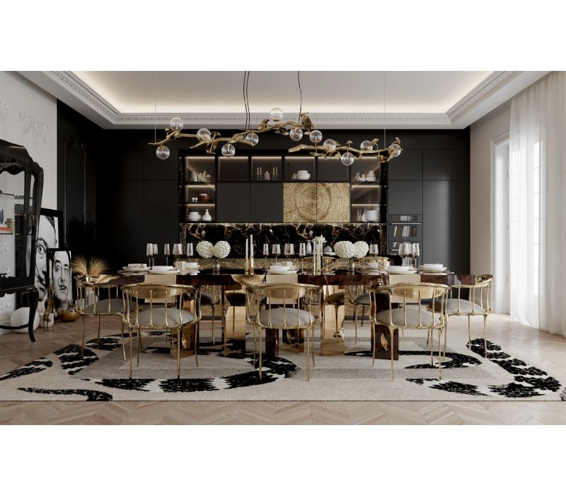 luxurious dining room with neutral rug with a snake pattern.  Luxurious Dining Room Ideas With Rugs