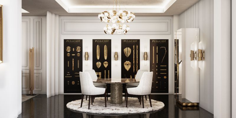 sophisticated dining room with round rug and white dining chairs.