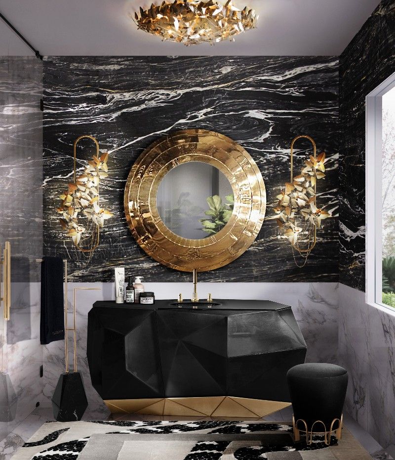 Sleek bathroom decor with a neutral area rug with a snake design.