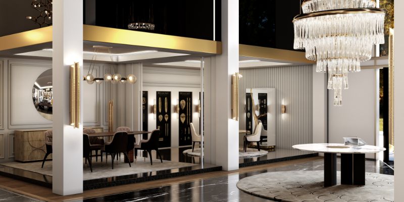 Luxurious living area with a round rug decorating the entryway and rectangular rug for the dining room