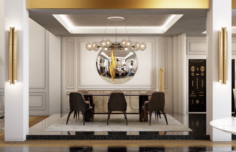 Modern dining room with a neutral area rug.