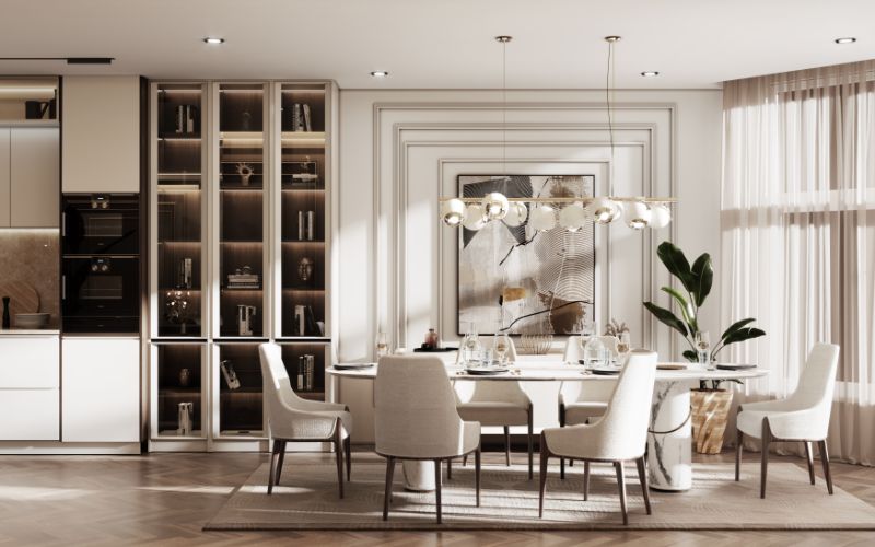 Cozy dining room with area rug.
