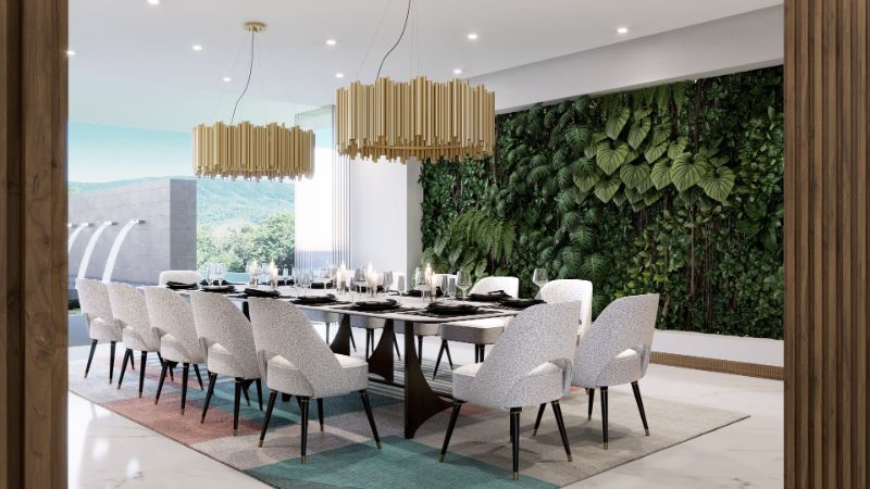 Mid-century area rug that decorates this dining room.