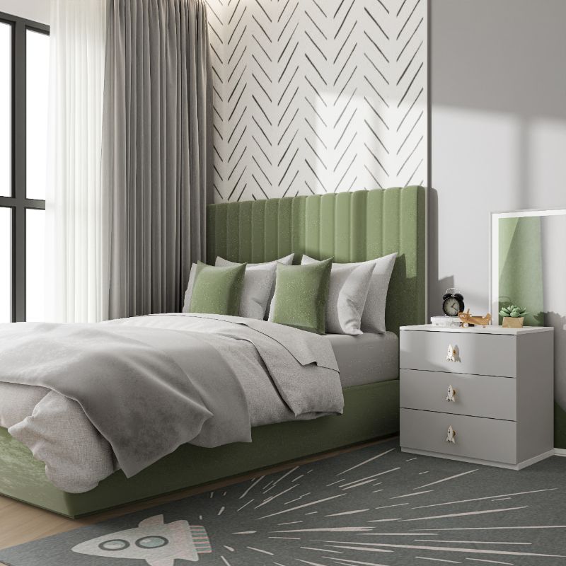 all gray kid's bedroom with a unique rug of a spaceship.