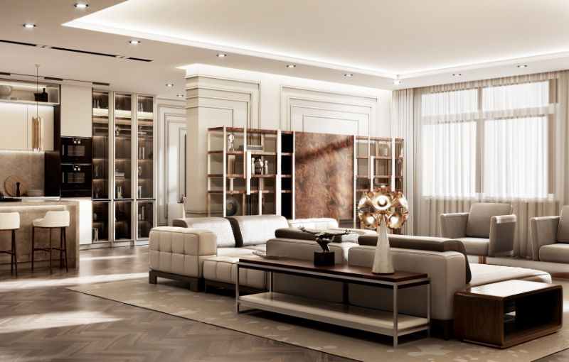 Contemporary living room with neutral area rug