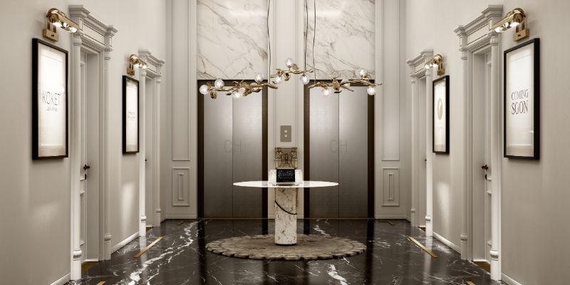 Elegant modern entryway with round rug