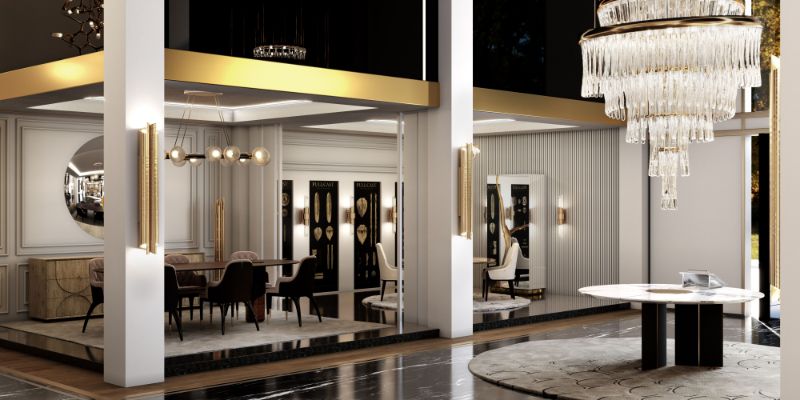 a open space living room area with gold details. Rug Design Ideas for Hallways and Entryways
