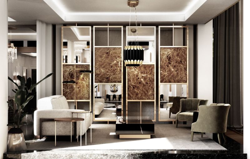 a neutral toned living room with brown marble details. The Best Living Room Rugs To Pair With Your Upholstery
