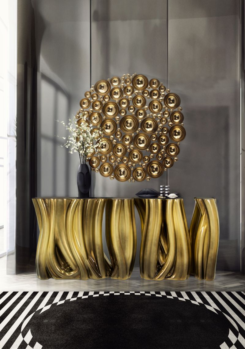 Classy modern hallway with black rug and white stripes. A golden console adds a luxurious feeling to the room. The Most Exquisite Interiors Inspiration
