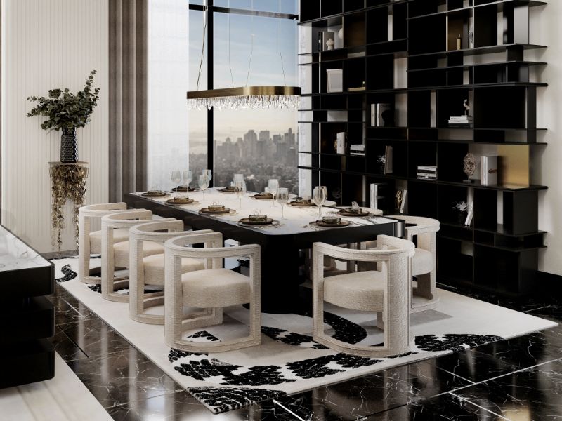 Luxurious dining room with neutral area rug. The Townhouse Dining Room With One Of The Most Luxury Carpets