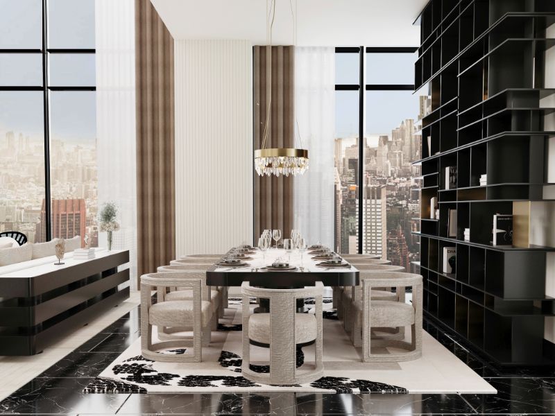 Modern classic dining room with long neutral rug with snake design. The Townhouse Dining Room With One Of The Most Luxury Carpets