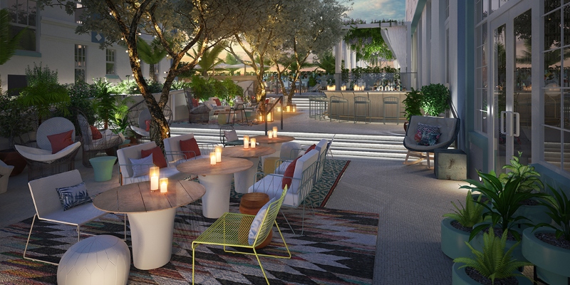 Rug ideas with Navigate Design. This courtyard has four white round tables. four white armchairs, four armchairs in green, and a rug with geometric designs in blue, yellow, and white.