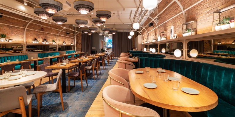 Rug ideas with Navigate Design. This restaurant has a lot of round green sofas, pink armchairs, grey chairs, tables of wood and a big blue rug.