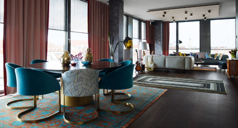 Raumkonzepte Peter Buchberger, seven dining and living room with 3 different rugs