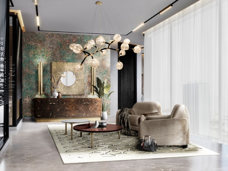 HIGH-END AND UNIQUE LIVING ROOM WITH KOI RUG