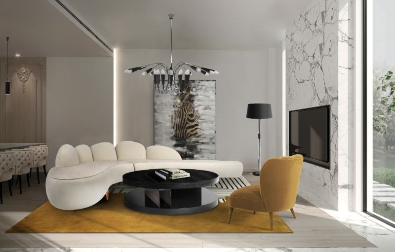 Large Area Rugs For Living Room: modern living room with colorful area rug in golden hues.
