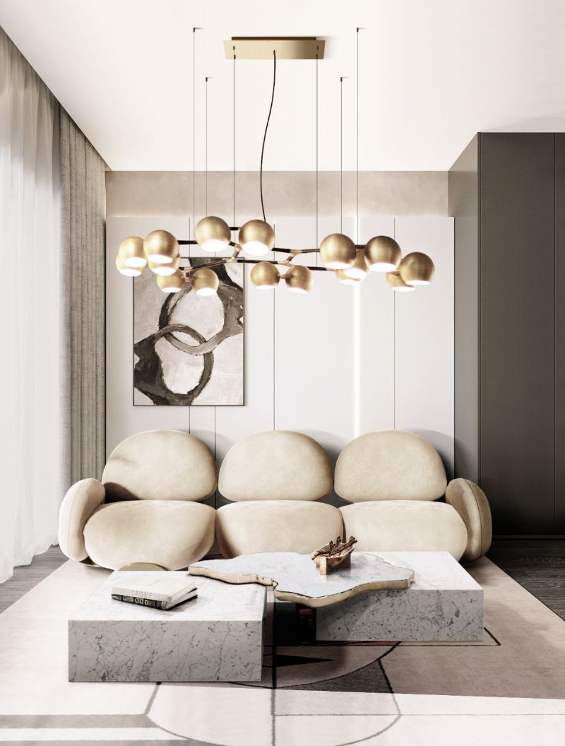 modern mid-century living room with geometric rug