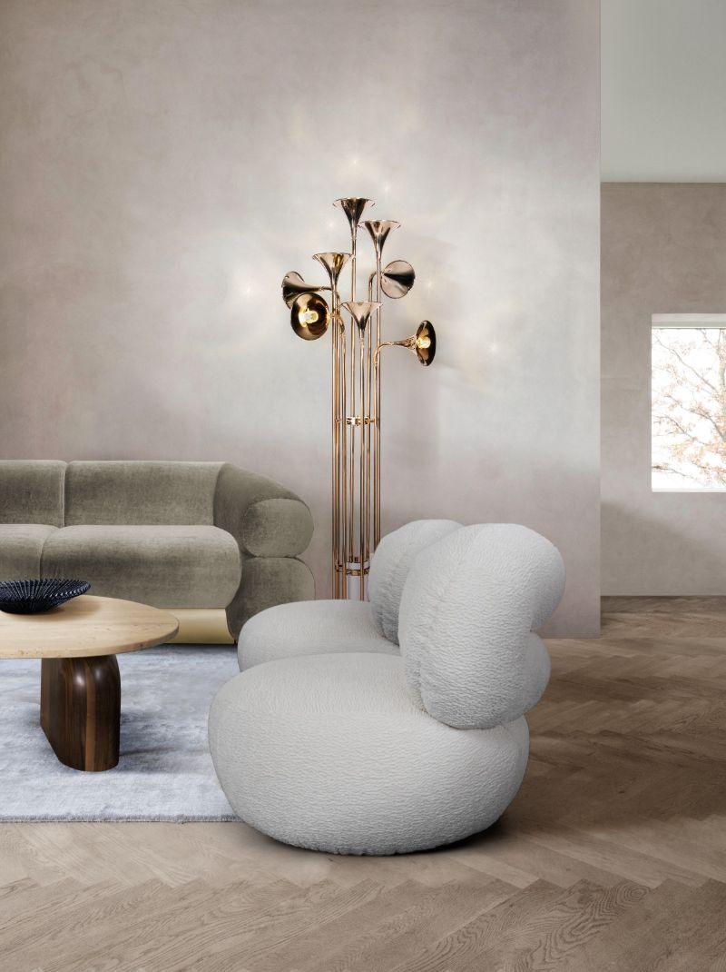 cozy mid-century living room with fluffy rug