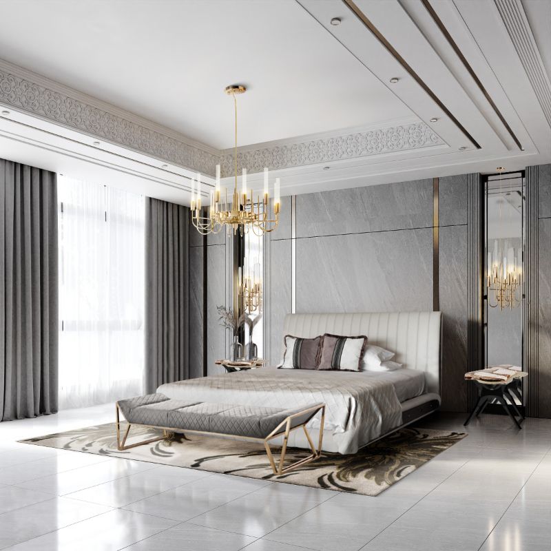 Modern Rug Inspiration: mid-century bedroom with green pastel colored rug