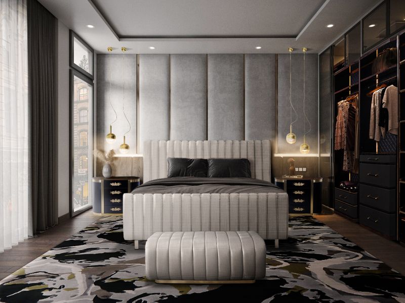 Modern Rug Inspiration: a mid-century bedroom with blue area rug.