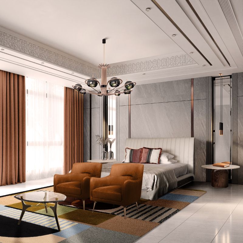 Modern Rug Inspiration: geometric rug with colorful hues to style this bedroom