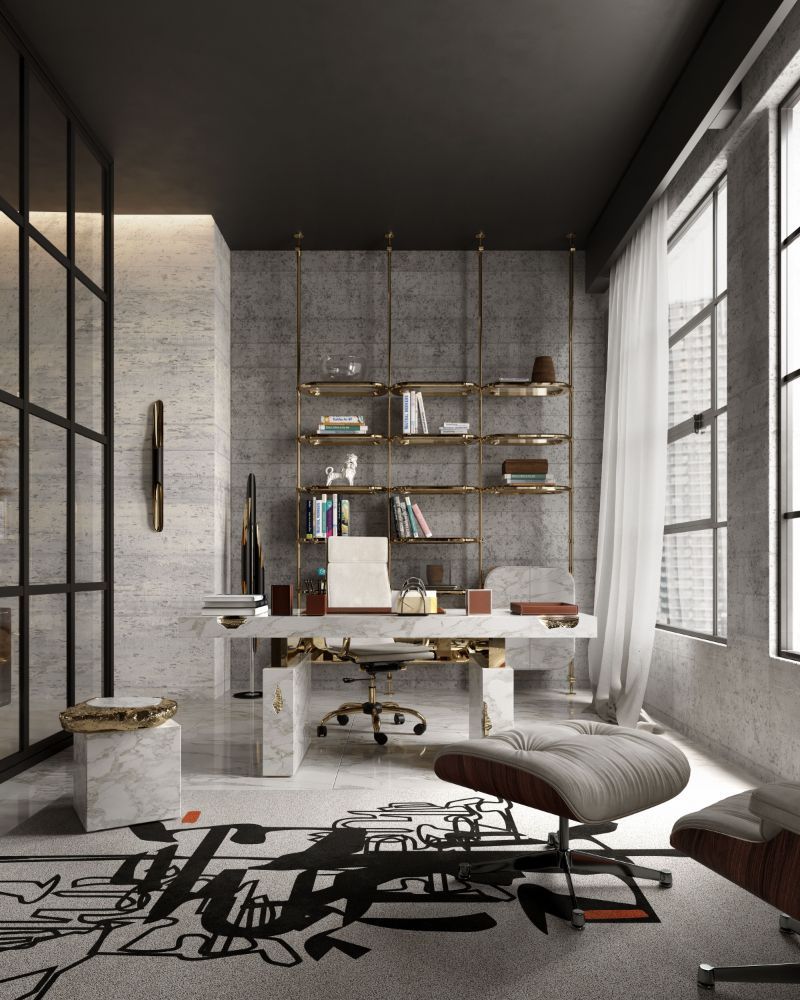 2022 milan furniture fair: modern contemporary home office with a urban rug in black and white