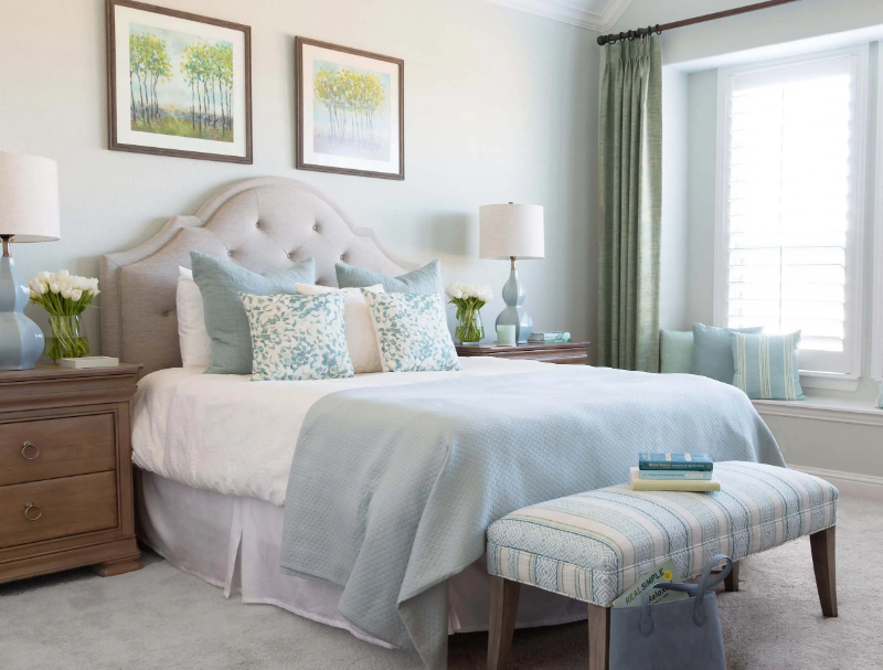 Rug Design Inspiration by Karen Davis. This bedroom as a neutral rug in a light tone.