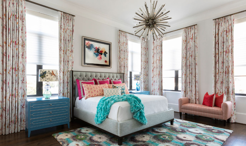 Rug Design Ideas From Pamela Hope Designs. The main element of this bedroom is the beautifully colored rug under the bed.