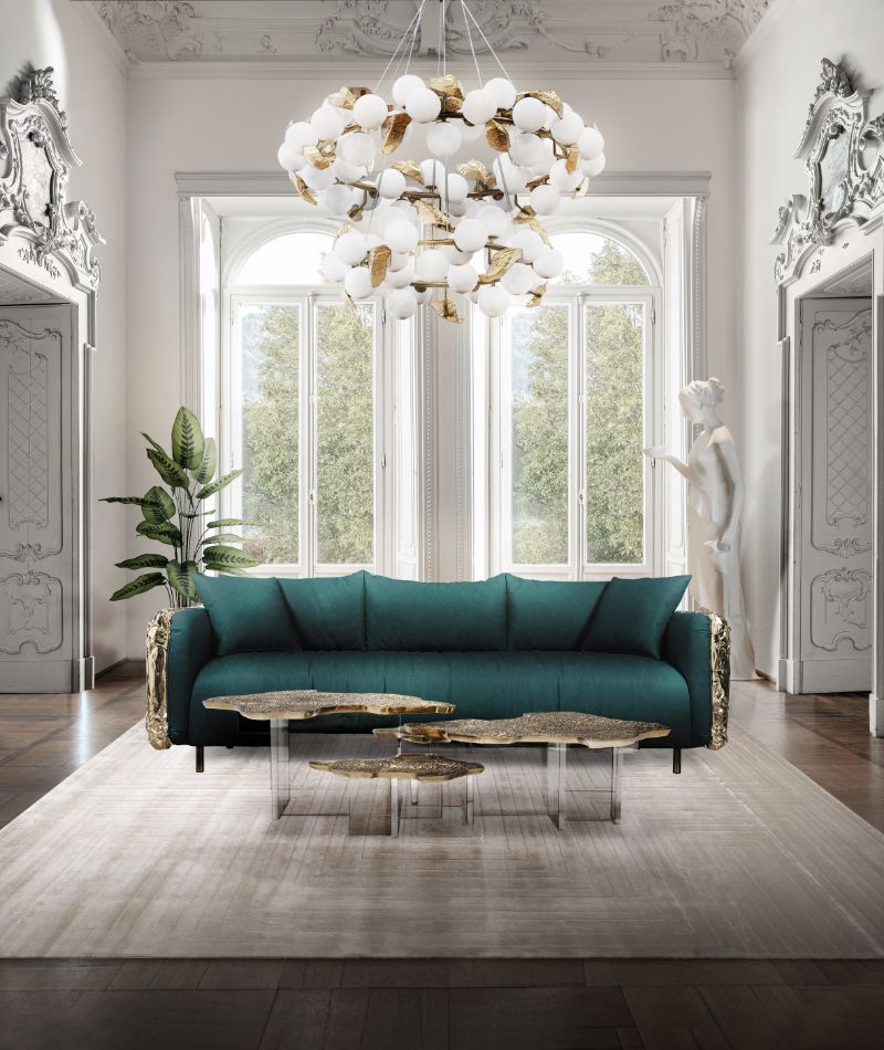 carpet ideas: A classic living area with golden details and a green sofa