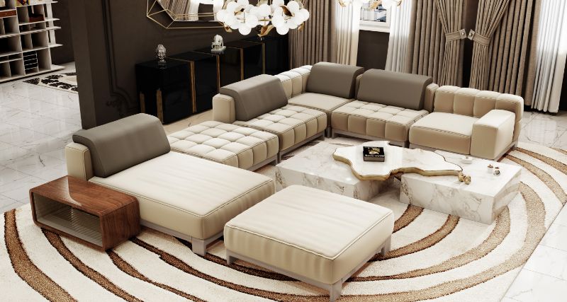 carpet ideas: large living room area with neutral rug and sofa