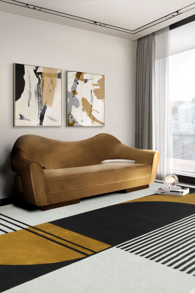 ISaloni 2022: New Furniture and Design Ideas: Modern contemporary living room with black adn orange geometric rug with a mid-century style