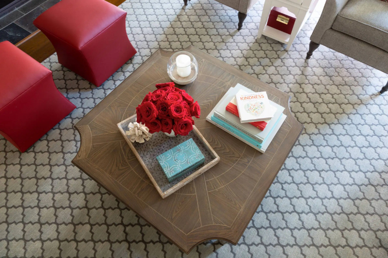 Rug Design Inspiration by Karen Davis. This wide carpet in blue and grey that is stain resistant and was chosen to withstand the dog and children.