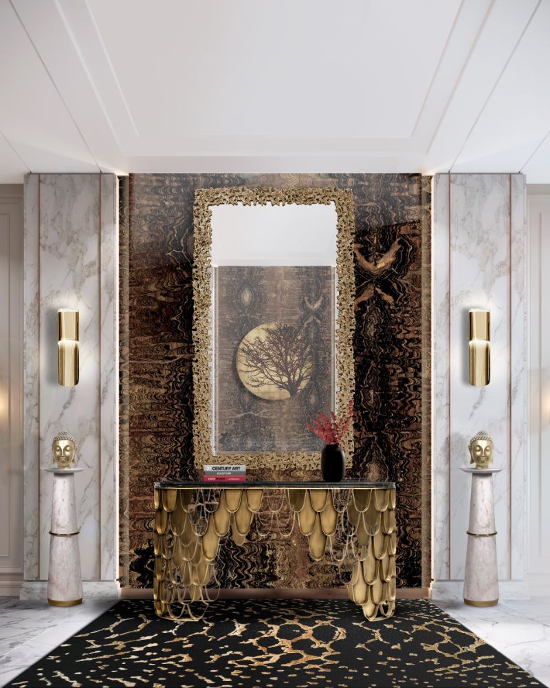 rug design trends: hallway interior design with dark blue and golden rug inspired by reptiles skin pattern