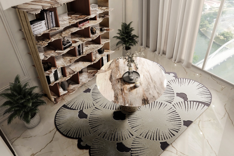 rug design trends: luxurious interior with gray and white rug,