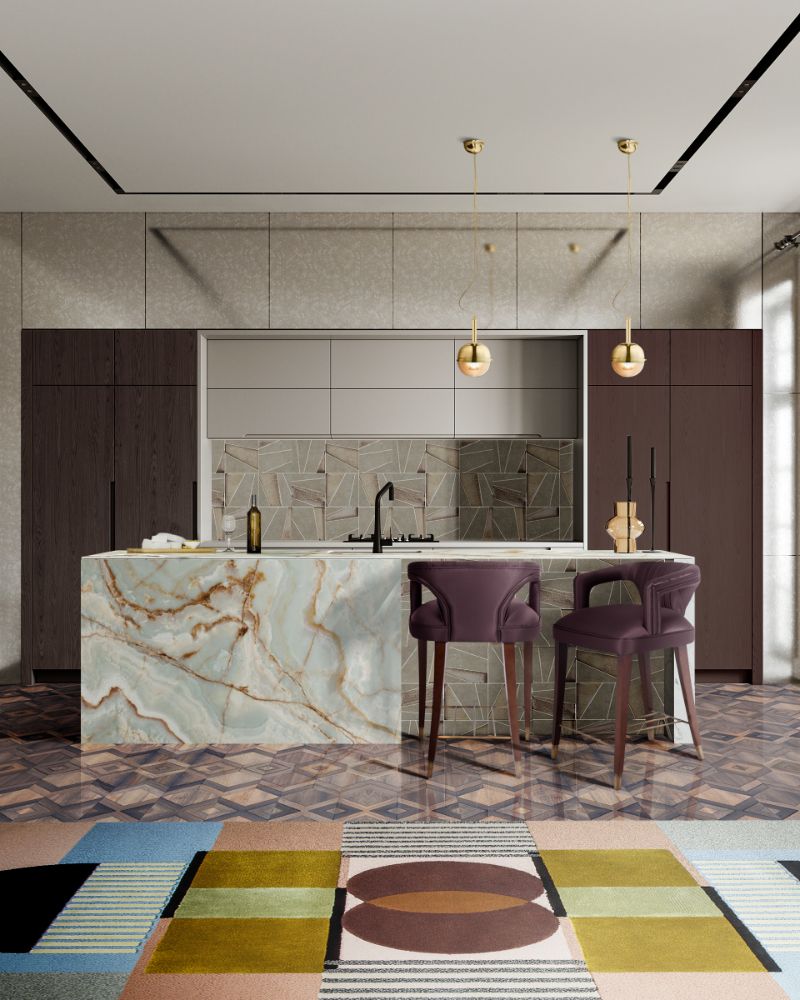 rug design trends: kitchen interior design with colorful mid-century rug