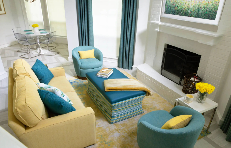 Rug Design Inspiration by Karen Davis. This is a small space designed in blue and yellow.