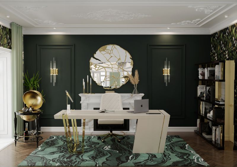modern classic home office with green rug.