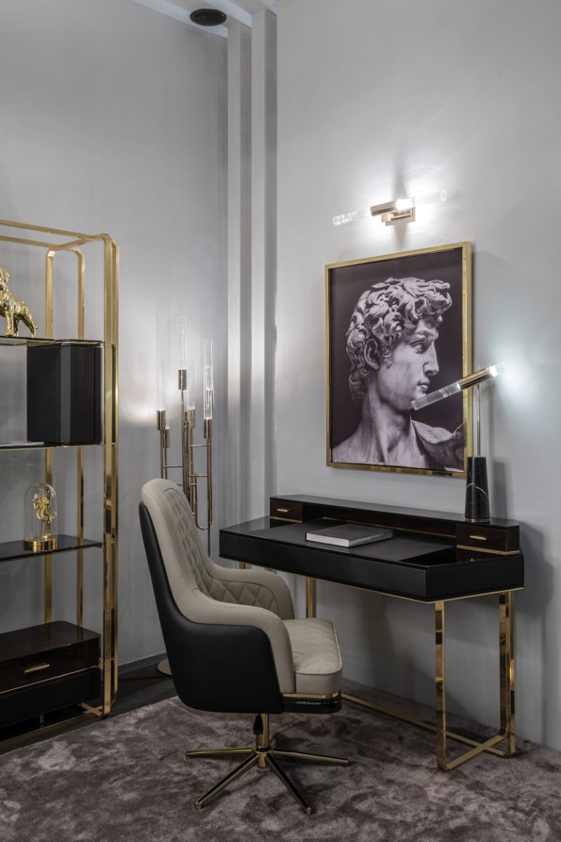 classic home office with golden hues