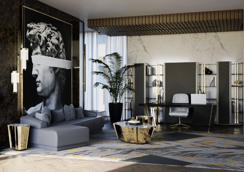 luxurious modern office with a stunning gray and golden rug