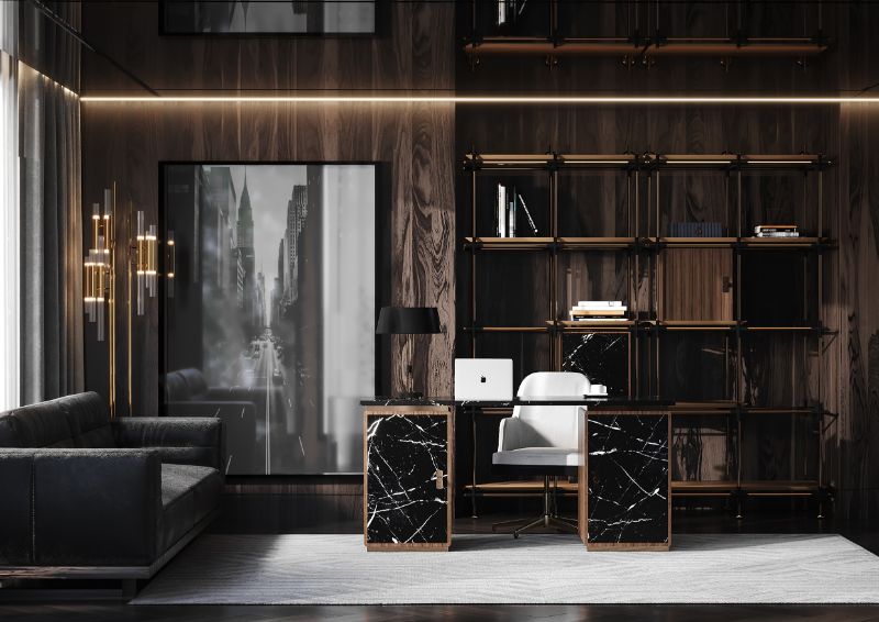 modern classic home office with white area rug