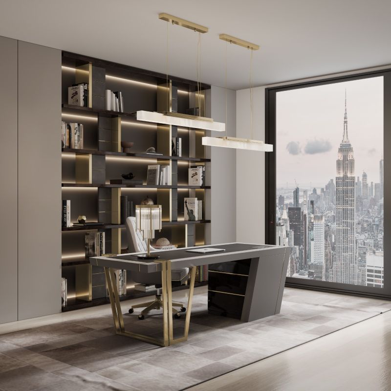 modern and sleek home office with gray rug